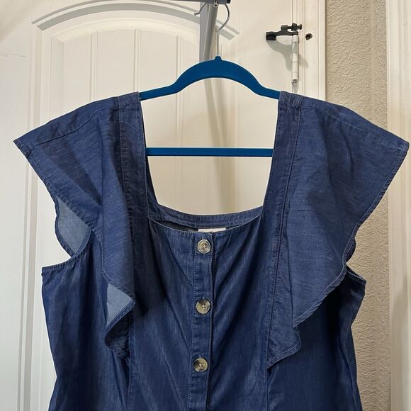 A New Approach Chambray Button Up Dress Ruffle Short Sleeve Womens Size L Blue - Picture 2 of 9